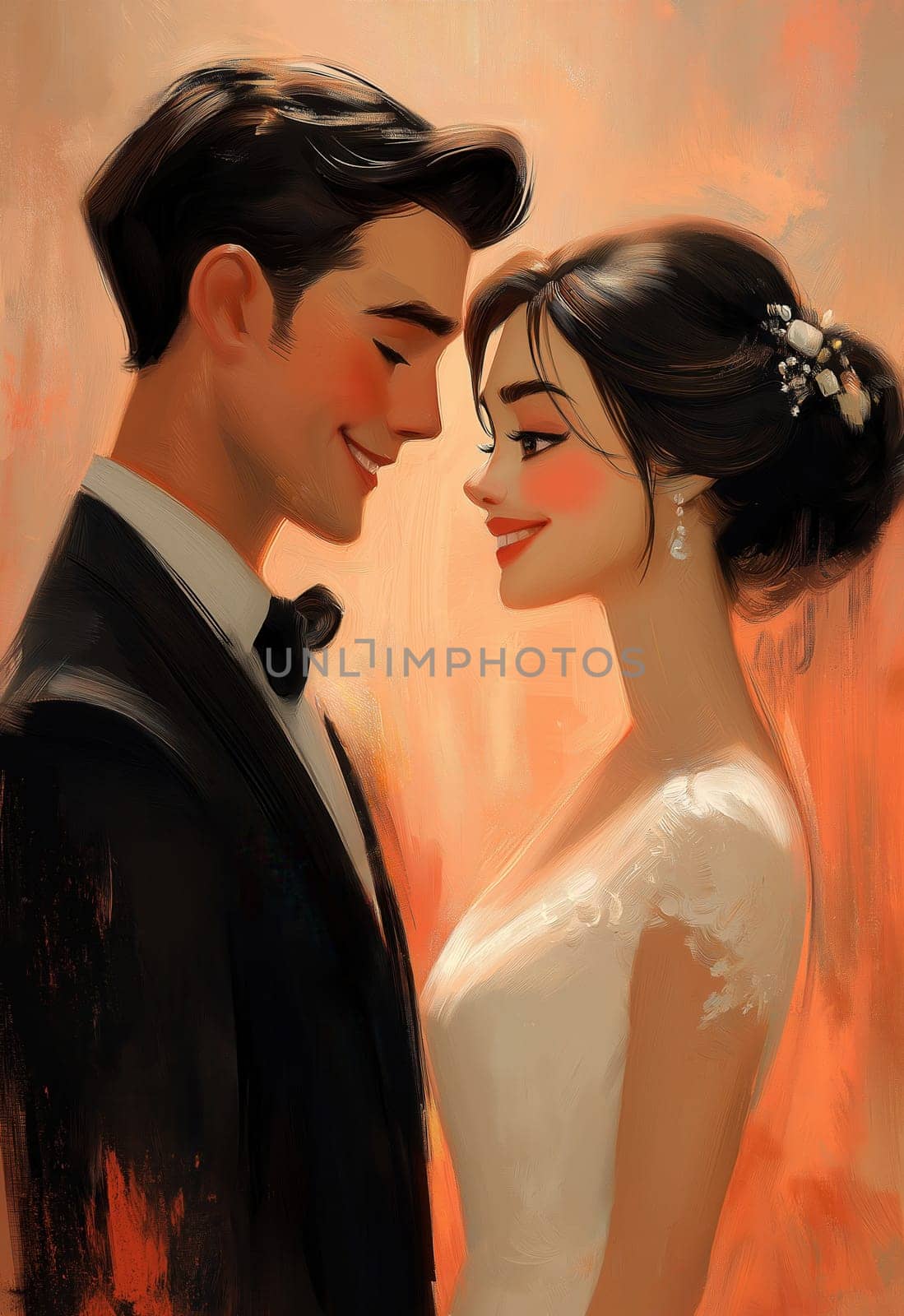 Illustration of a bride and groom on a pink background. Selective focus.