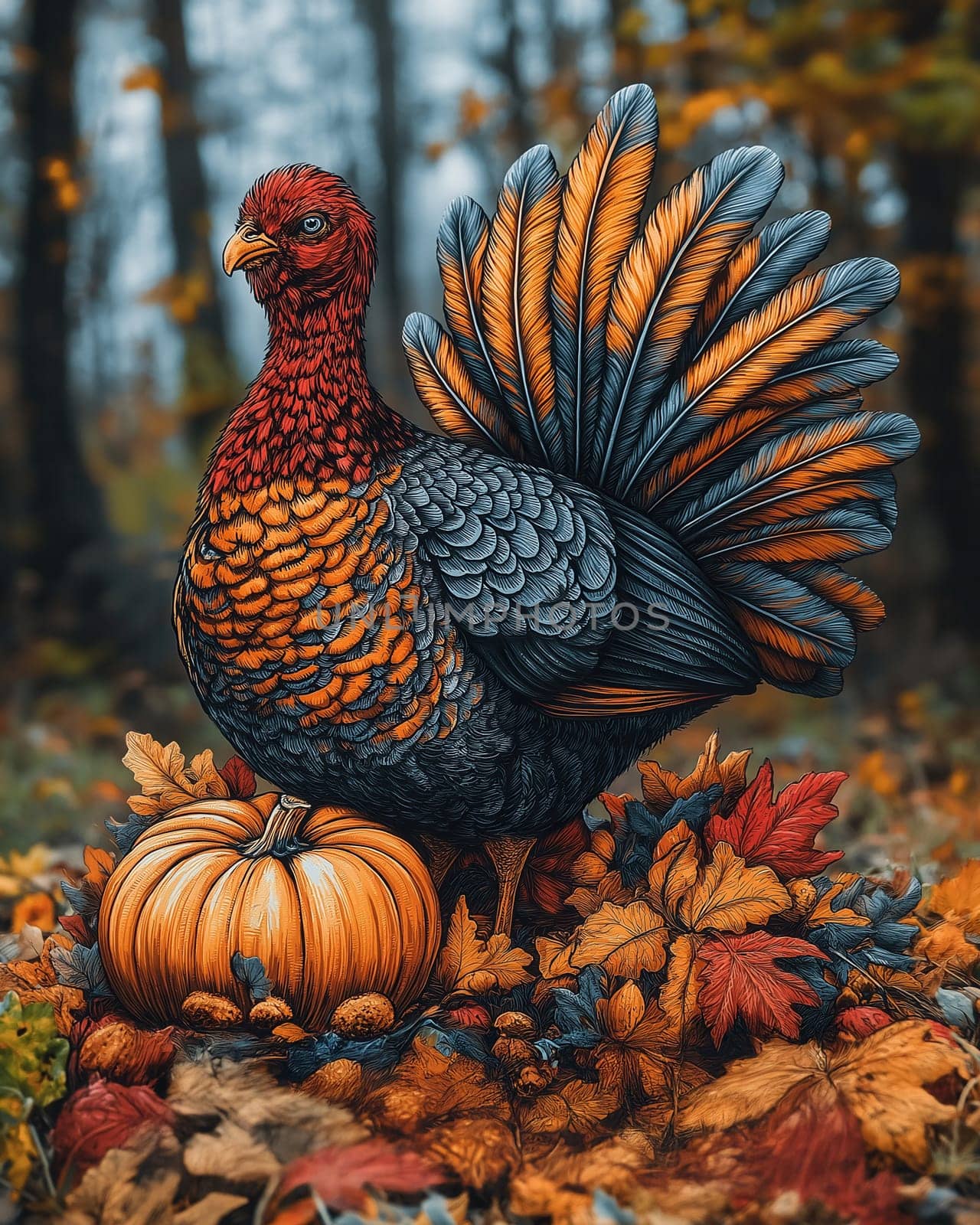 Colorful turkey standing near a pumpkin in a natural landscape. Selective focus.