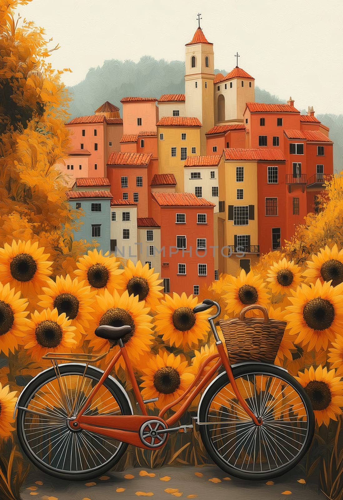 Bike with basket on cityscape and sunflowers background. Selective focus.