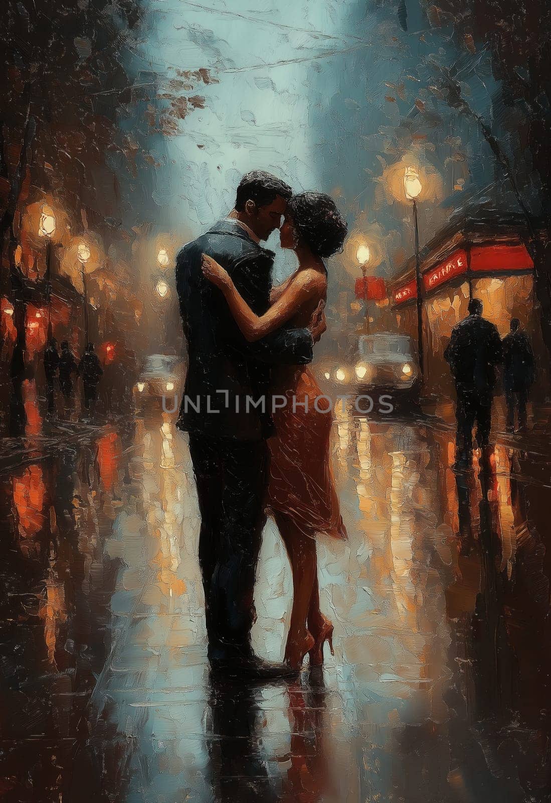 A man and a woman are walking through the evening city. Selective focus.