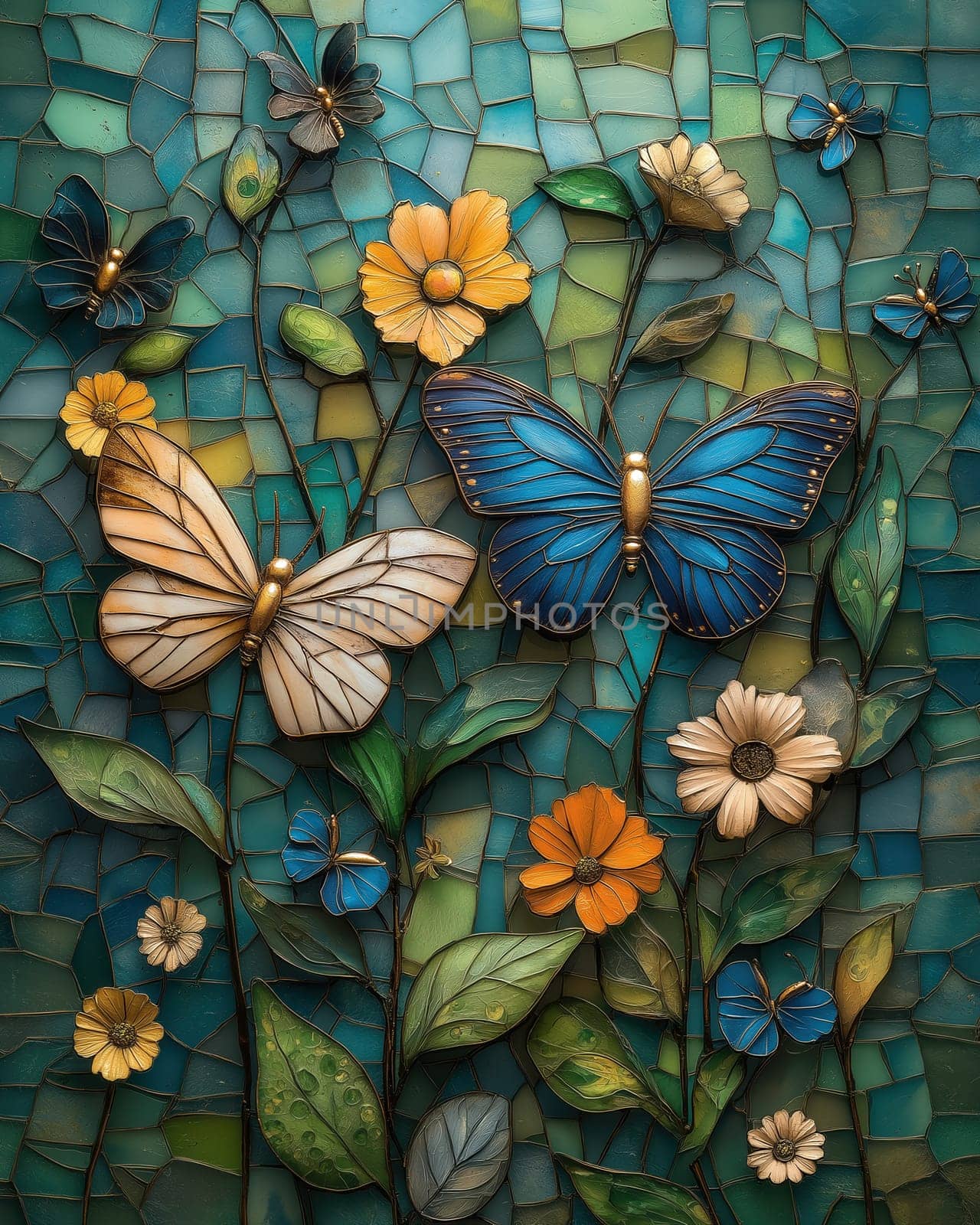 Butterflies fly over flowers on a textured background. Selective focus.