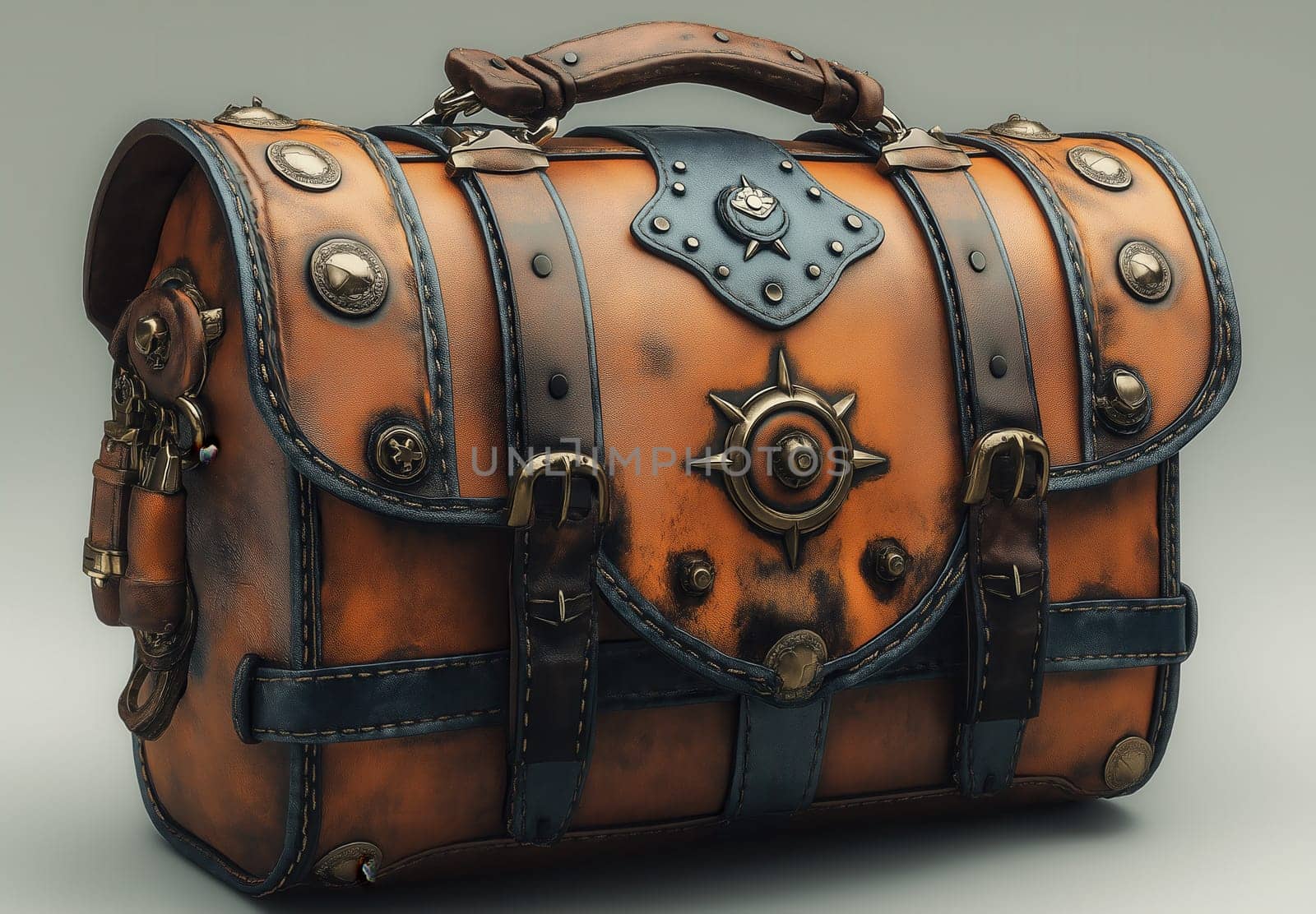 Vintage leather bag with metallic accents. Selective focus.