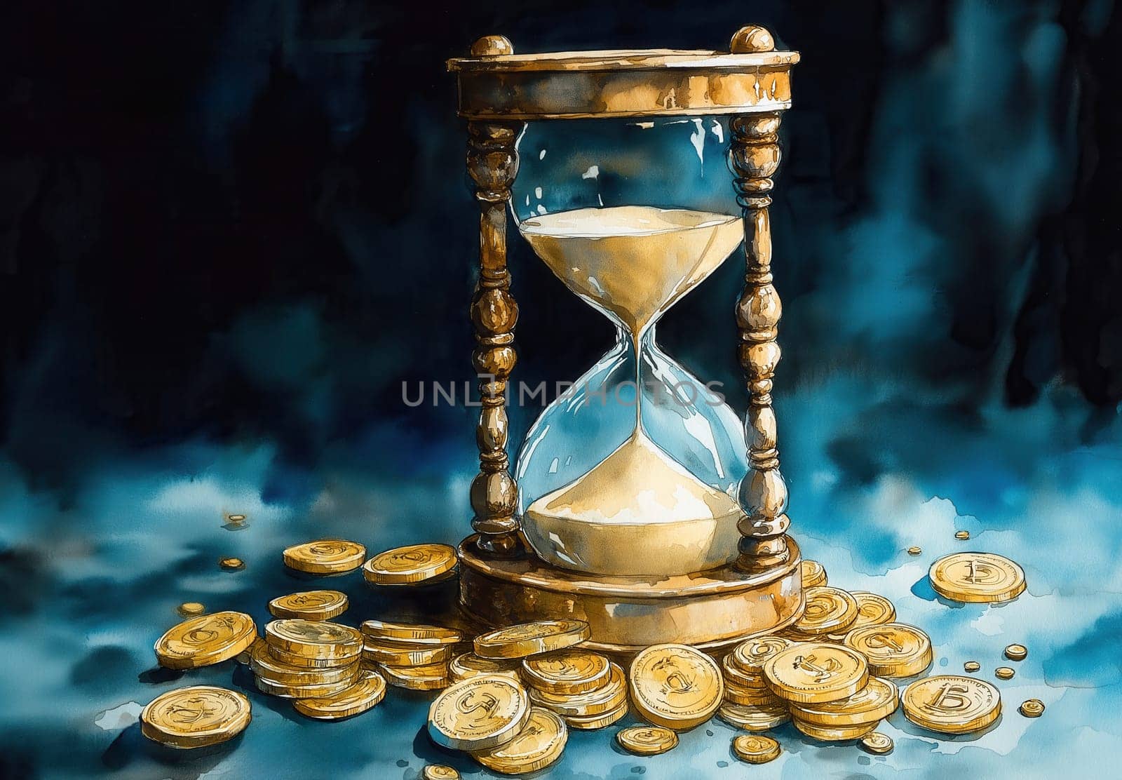 An hourglass and coins on a blurred background, time is money concept. Selective focus.