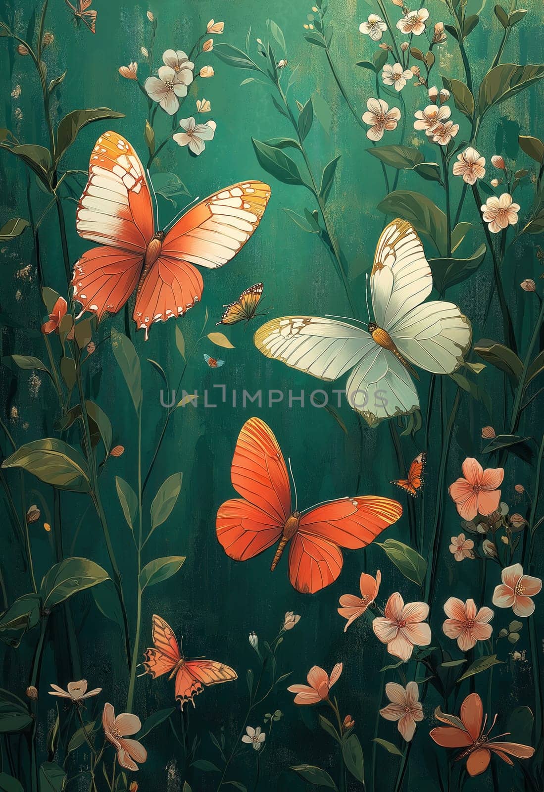 Butterflies fly over flowers on a green background. Selective focus. Selective focus.