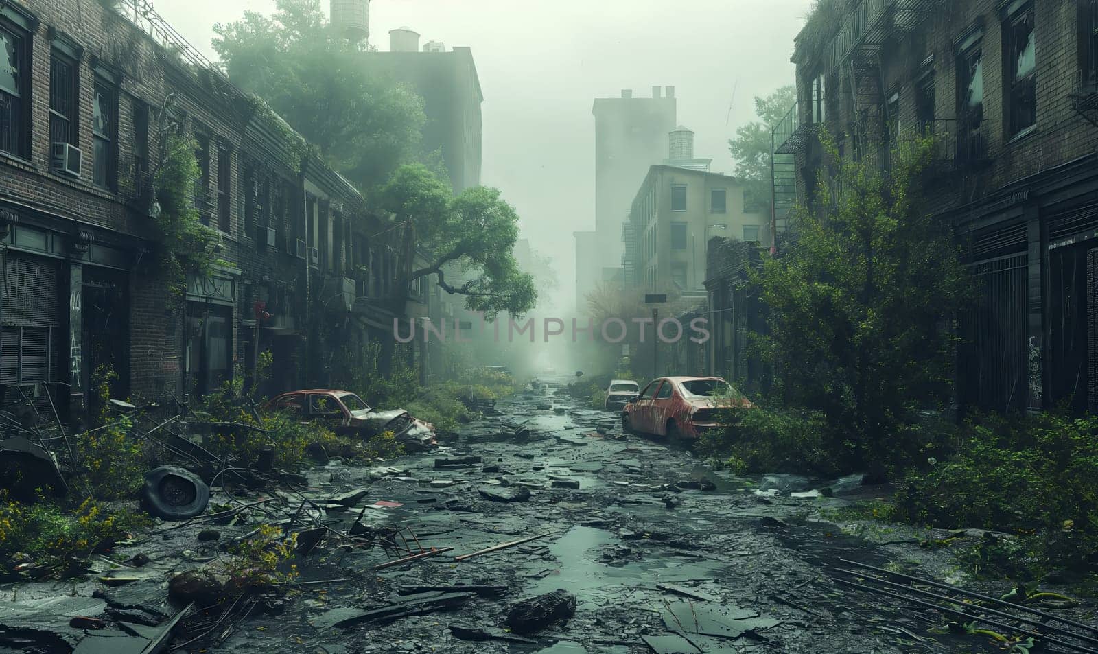 Abandoned city engulfed by nature. Selective focus.