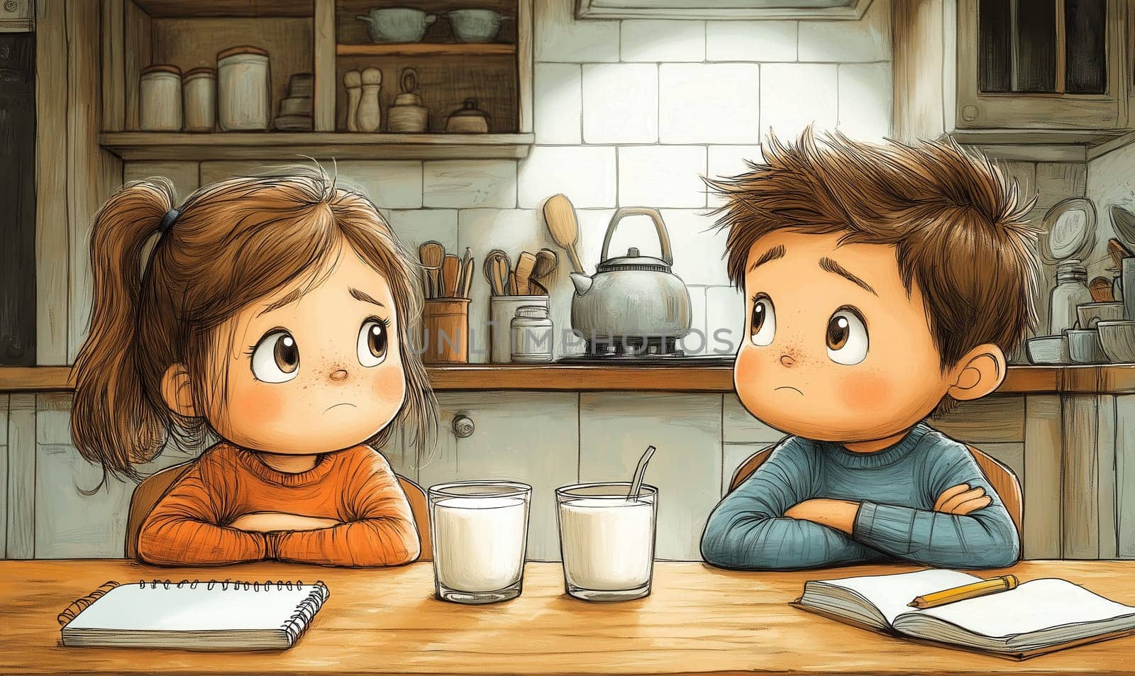 Illustration of children drinking milk at table and doing homework. Selective focus.