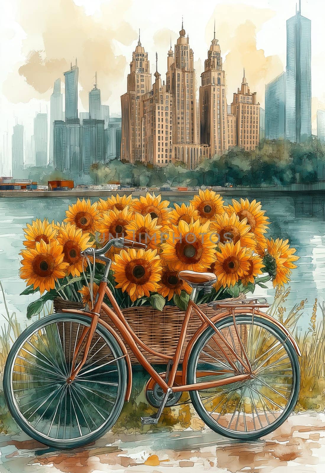 Bike with basket on cityscape and sunflowers background. Selective focus.