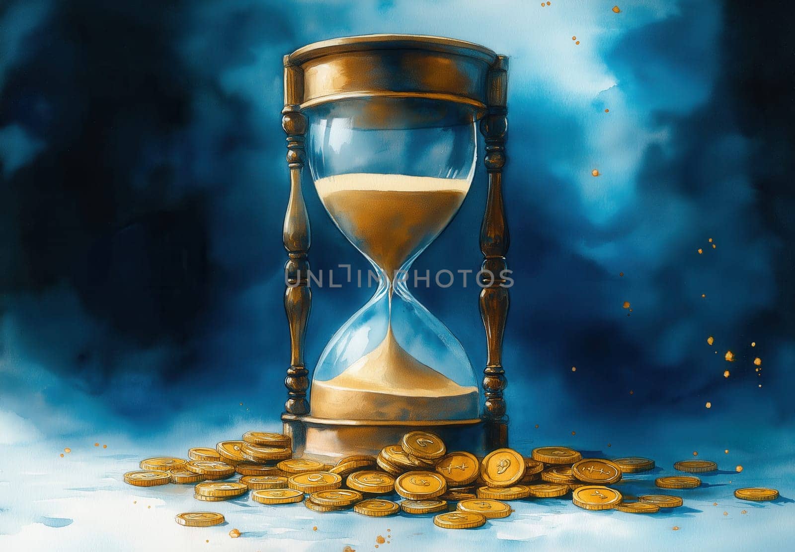 An hourglass and coins on a blurred background, time is money concept. Selective focus.