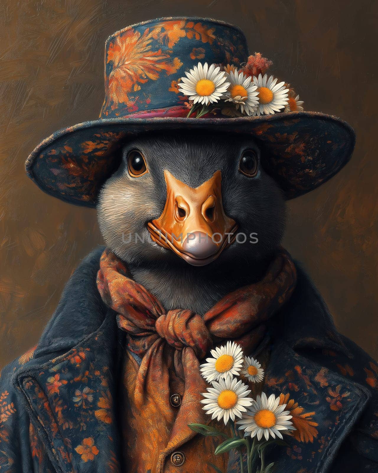 A bird in a hat with a bouquet of daisies. Selective focus.