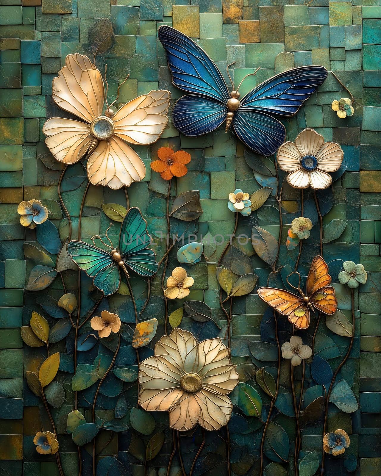 Butterflies fly over flowers on a textured background. Selective focus.