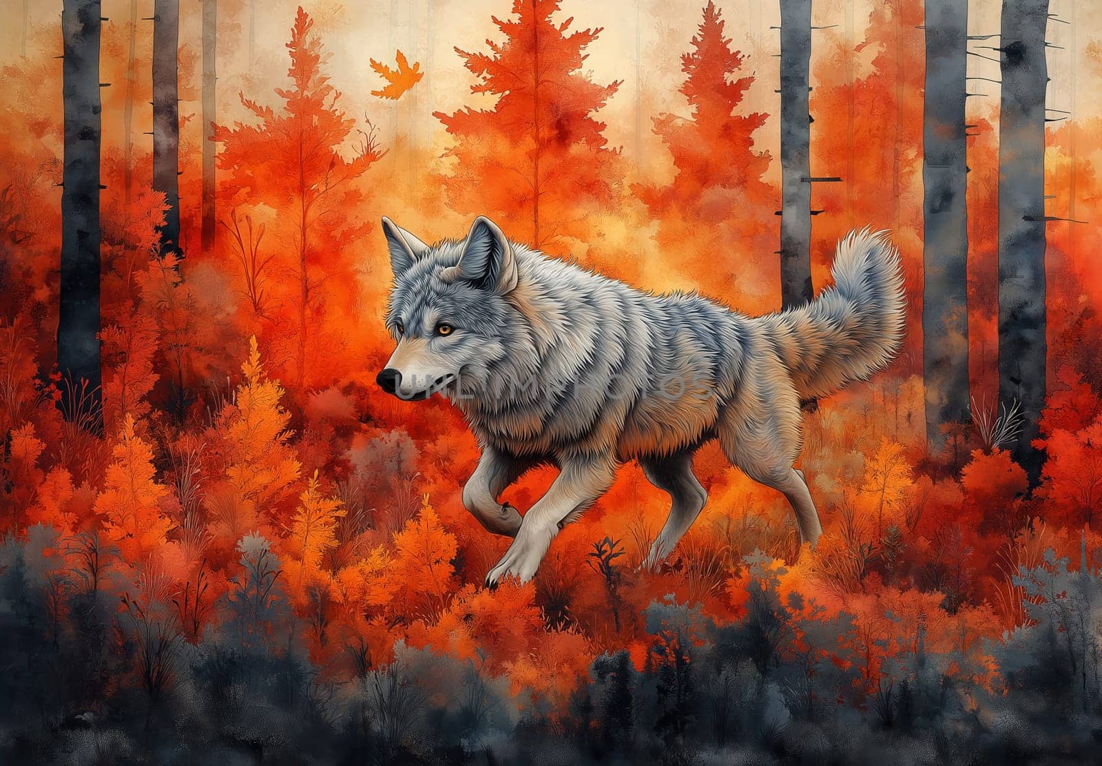 Colorful illustration of a lone wolf running in the autumn forest. Selective focus.