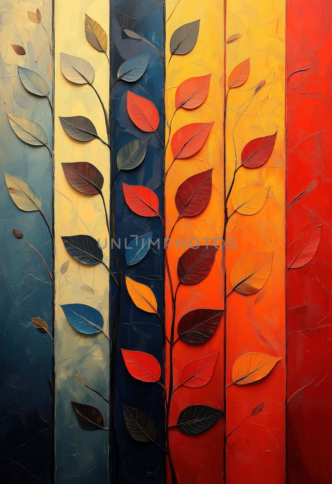 Colored background with branches of leaves on a striped texture. Selective focus.
