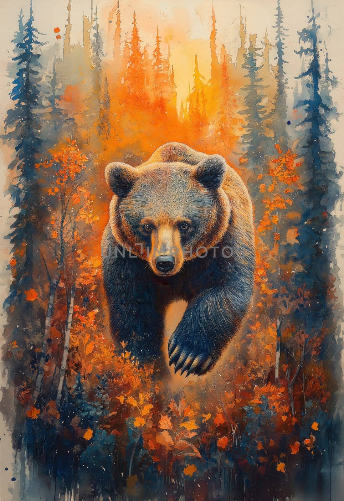 Watercolor bear running through colorful autumn forest. Selective focus.