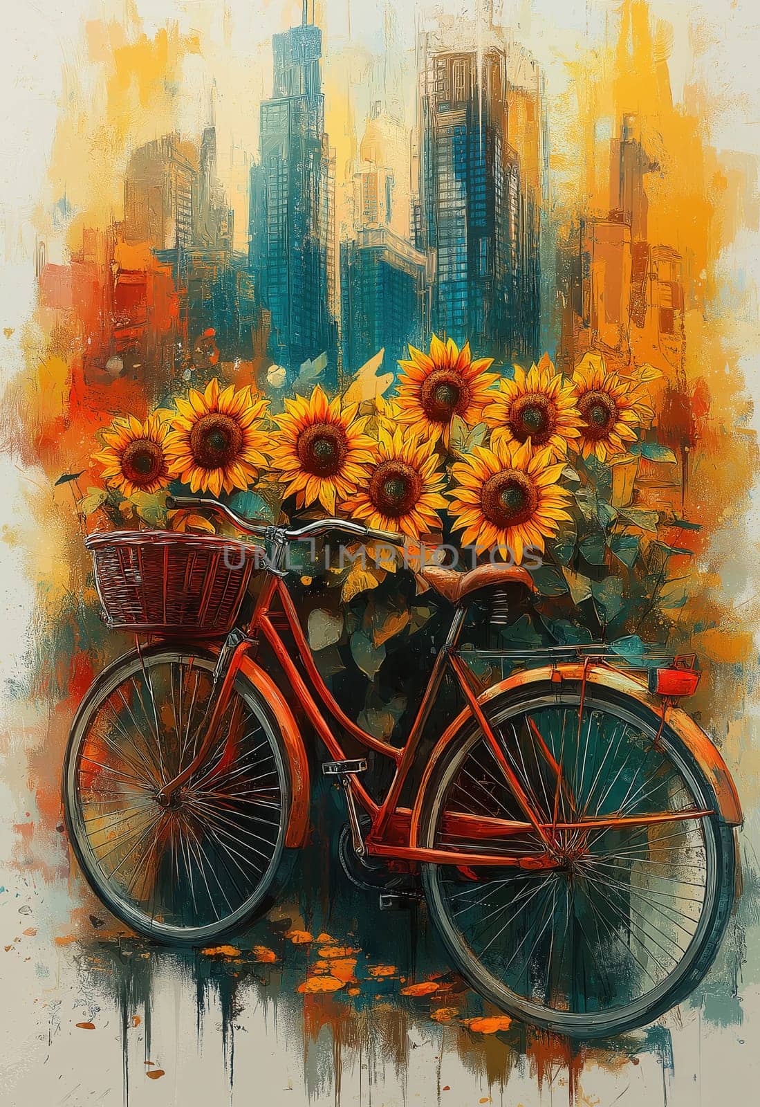 Bike with basket on cityscape and sunflowers background. Selective focus.