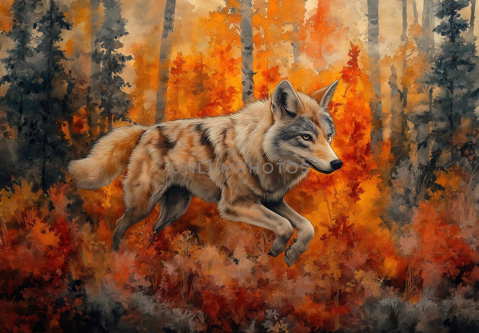 Colorful illustration of a lone wolf running in the autumn forest. Selective focus.