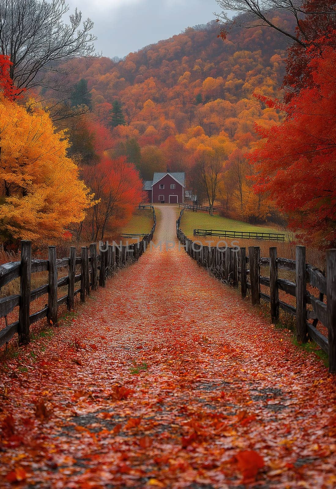 Colorful autumn in the forest with a path to the house. Selective focus.