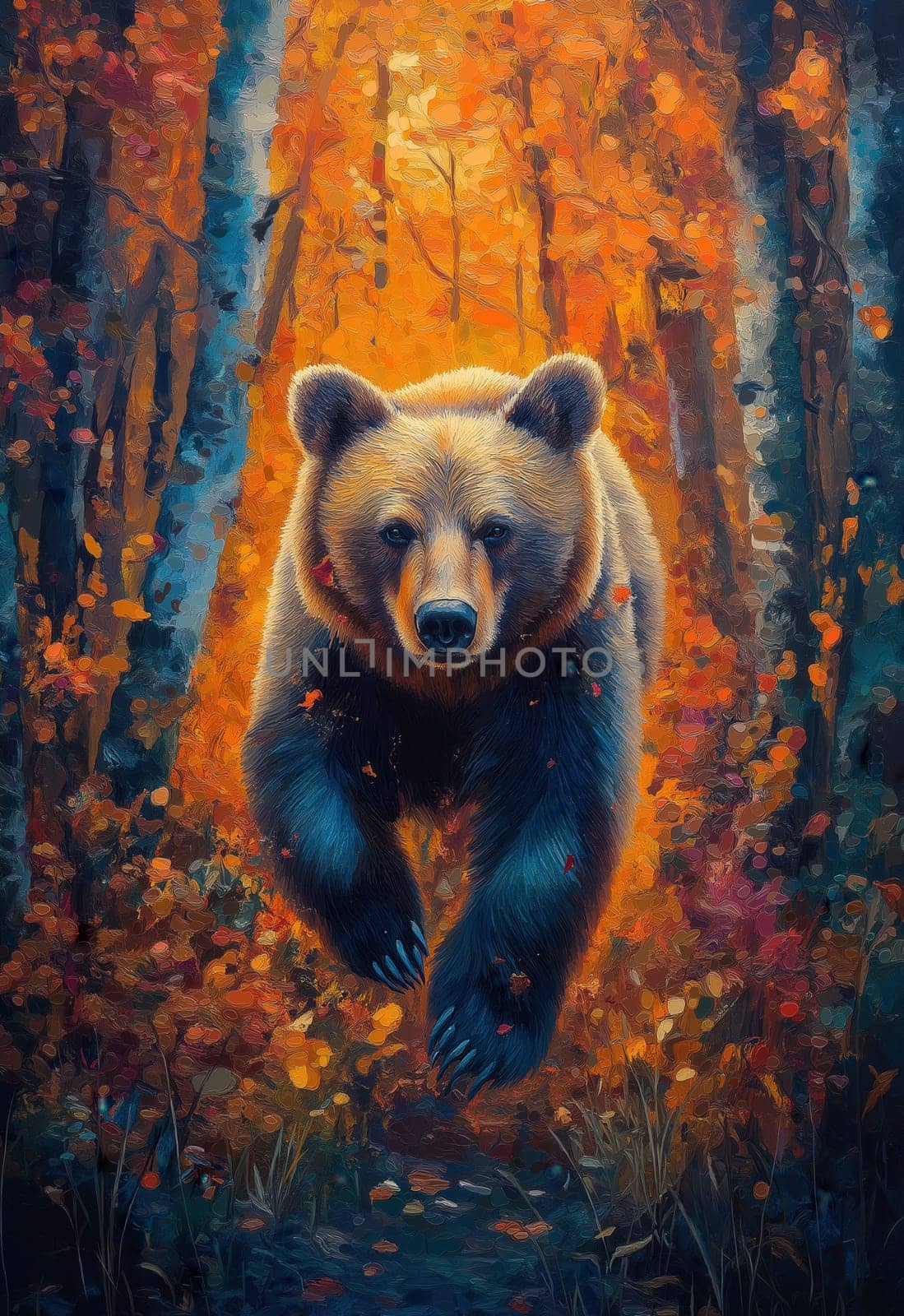 Watercolor bear running through colorful autumn forest. Selective focus.