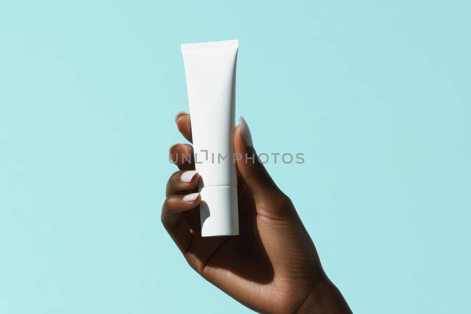 A close-up image of a hand gently squeezing a soft white cosmetic tube against a light blue background, highlighting the product's elegance and simplicity in skincare.
