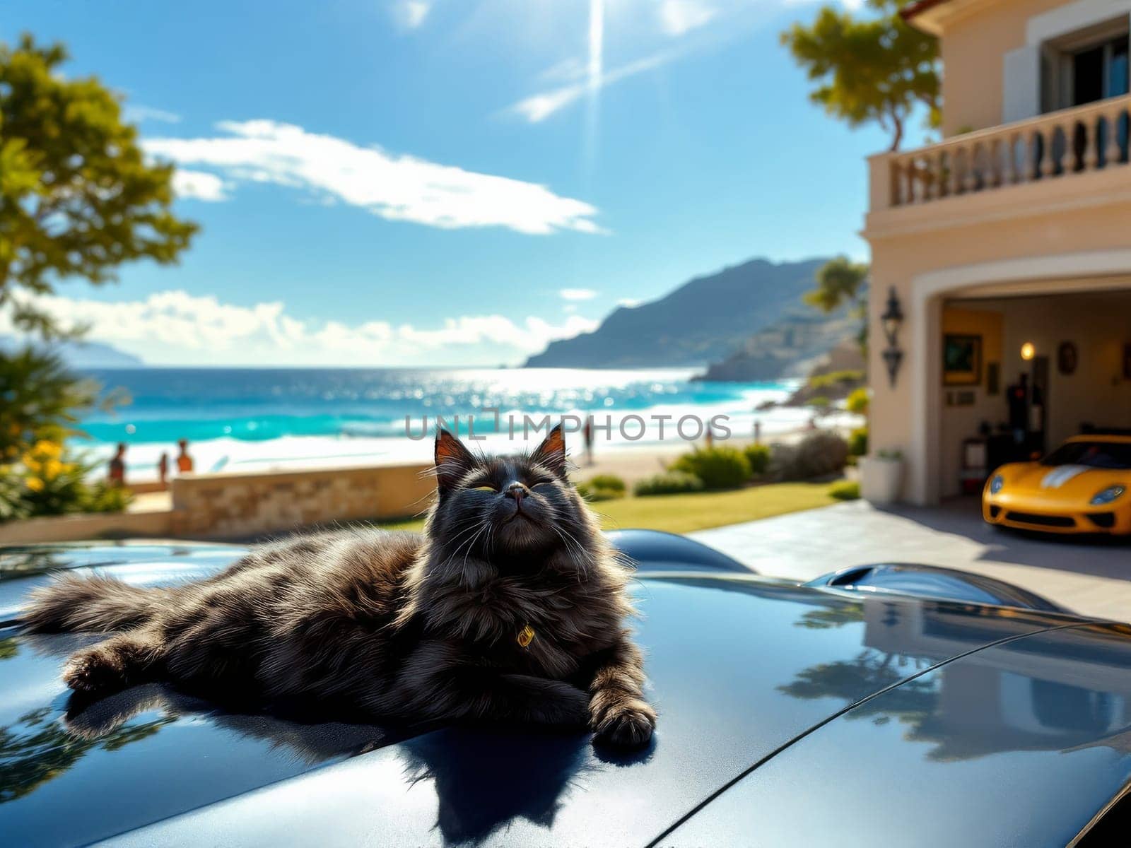 Luxurious lifestyle concept with black cat resting on classic car parked in front of seaside villa, enjoying sunny day. Ai generated