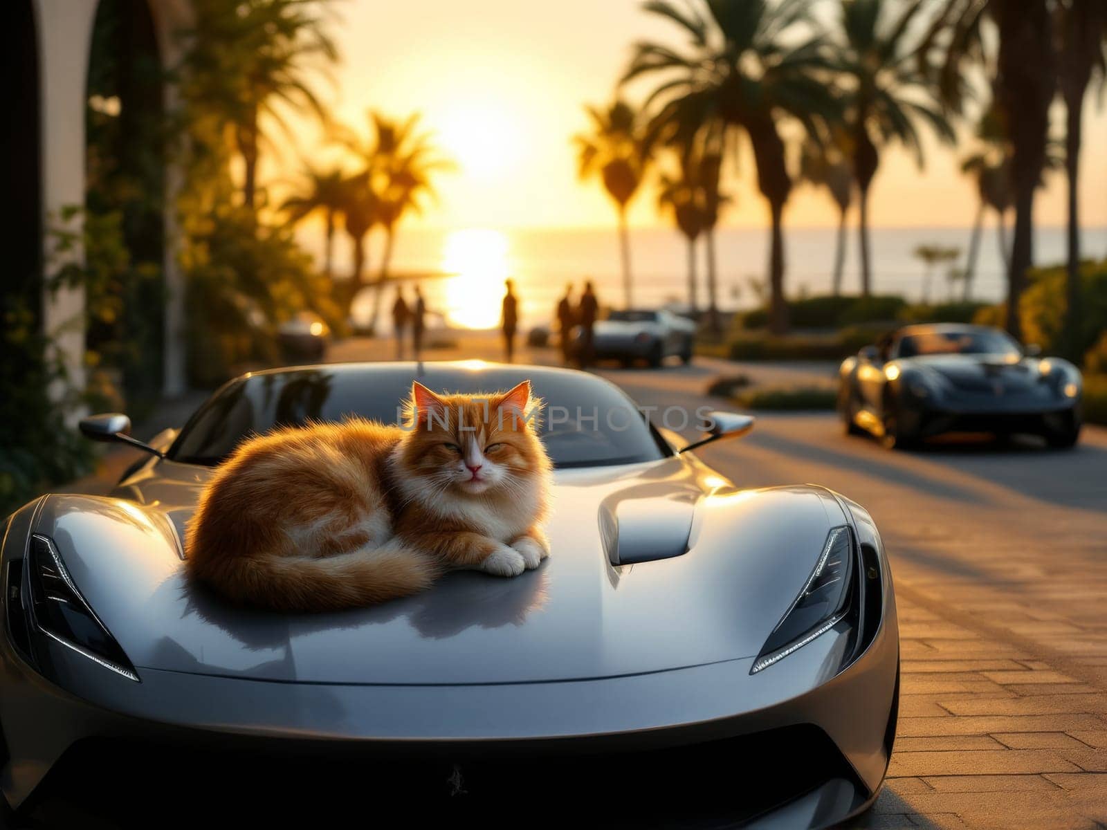 Cute ginger cat sleeping peacefully on a silver luxury sports car, with palm trees and a golden sunset in the background. Ai generated