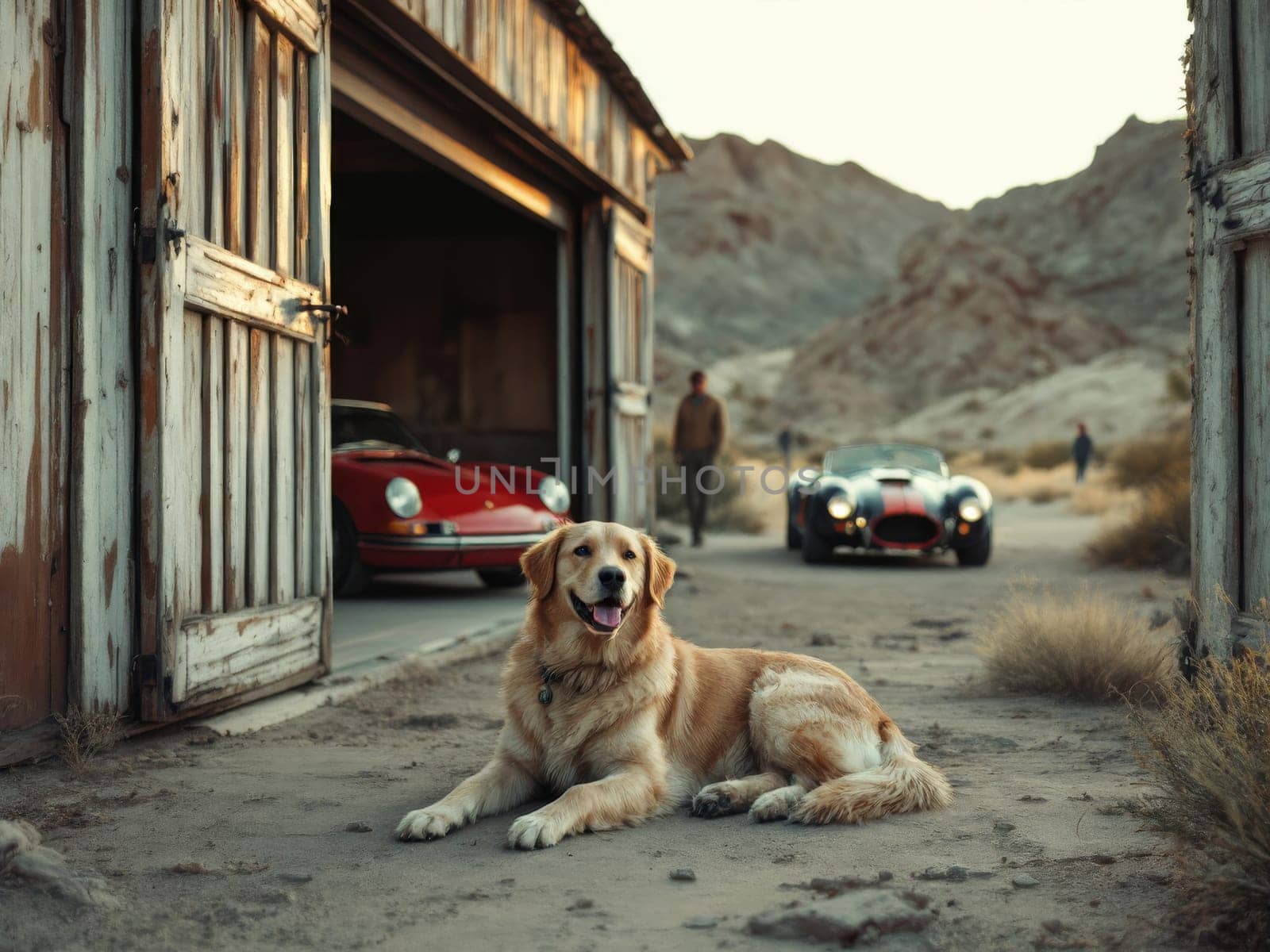 Golden retriever lying in front of an old barn with vintage Porsche and AC Cobra sports cars, enjoying a tranquil rural moment. Ai generated