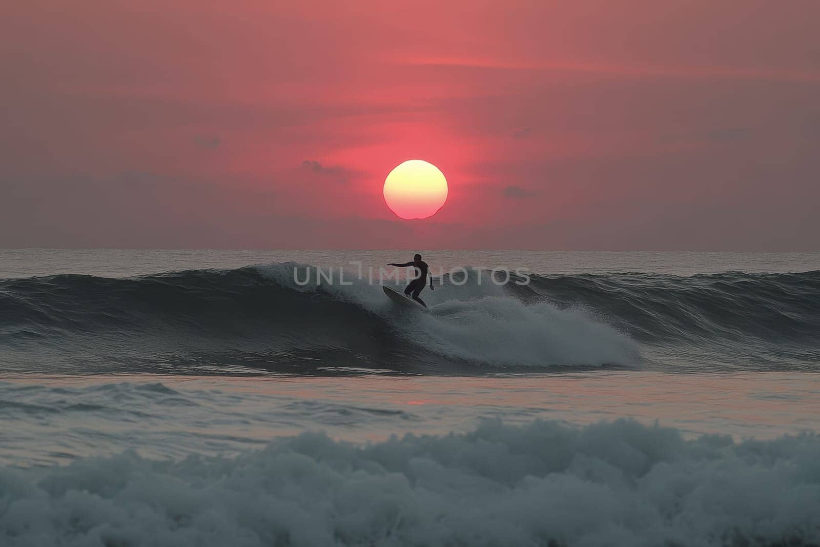A stunning image of a surfer skillfully riding a perfect wave during a vibrant sunset. The golden sun dips below the horizon, creating a serene atmosphere filled with movement and energy.