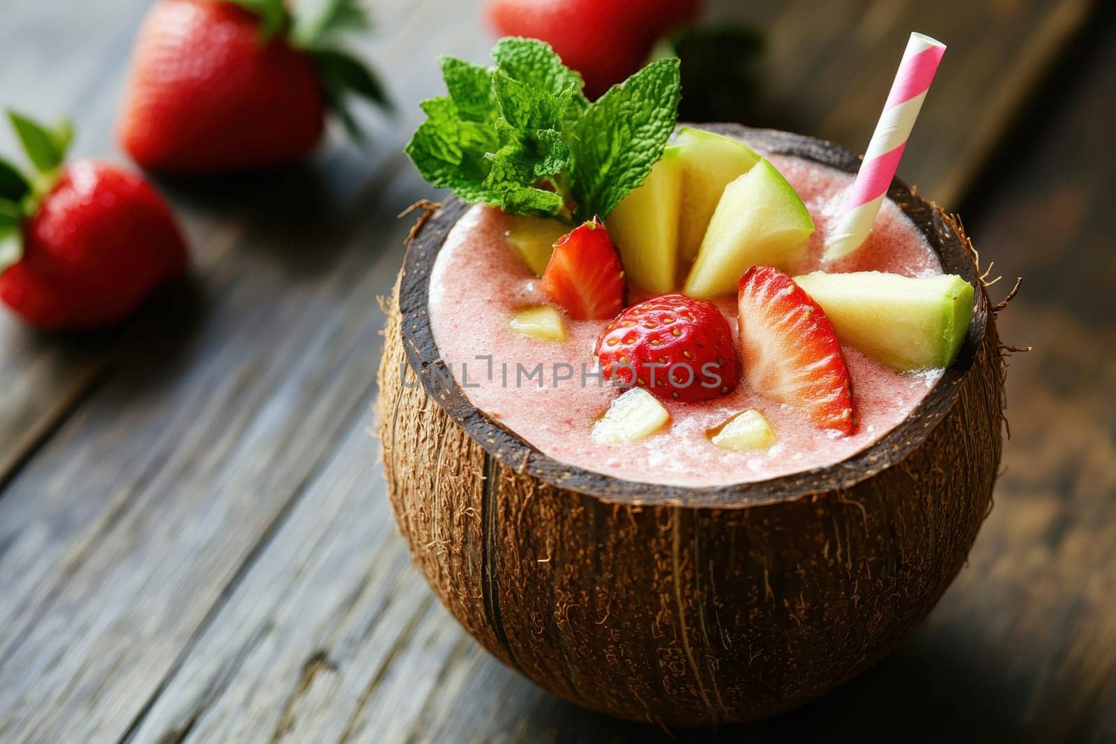 Delight in a vibrant tropical fruit smoothie served in a coconut shell, garnished with fresh mint, and adorned with colorful fruit slices for a refreshing treat.