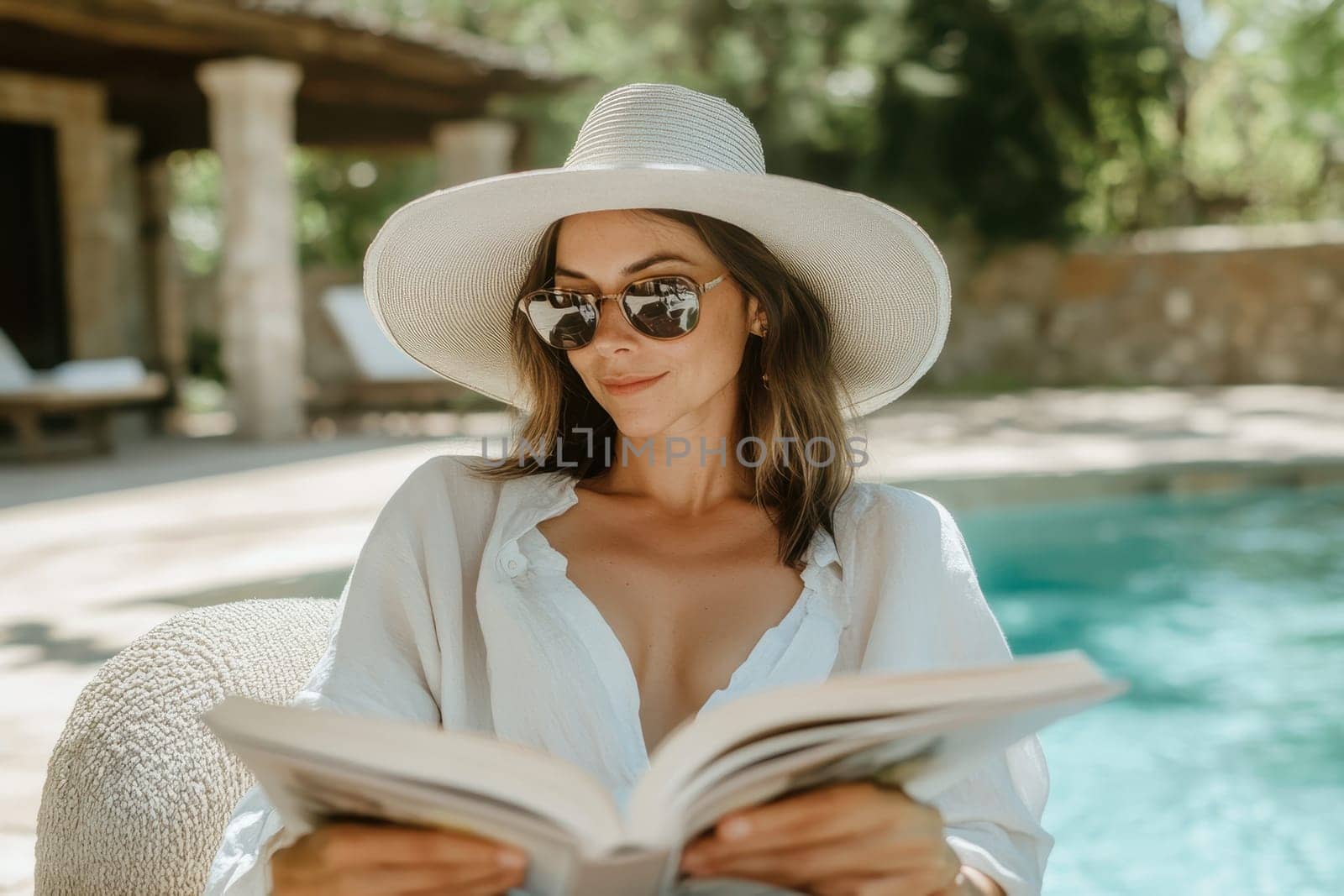 A serene scene of a woman in a sun hat sitting by the pool, enjoying a book. This image captures the essence of relaxation and leisure in a beautiful outdoor setting.