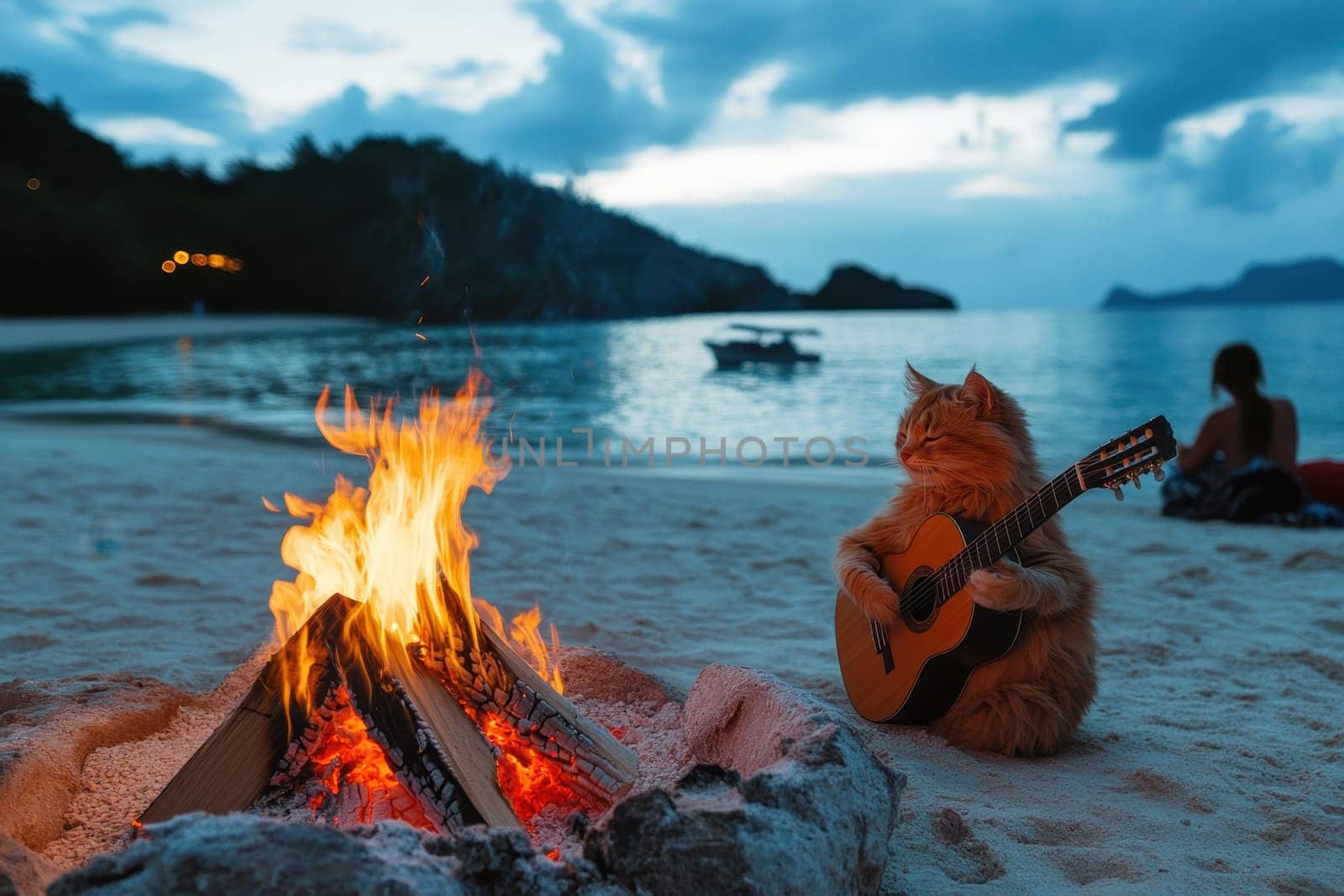Experience the charm of a cozy bonfire on the beach, where travelers unwind by the water, enjoying music and relaxation under a serene sky.