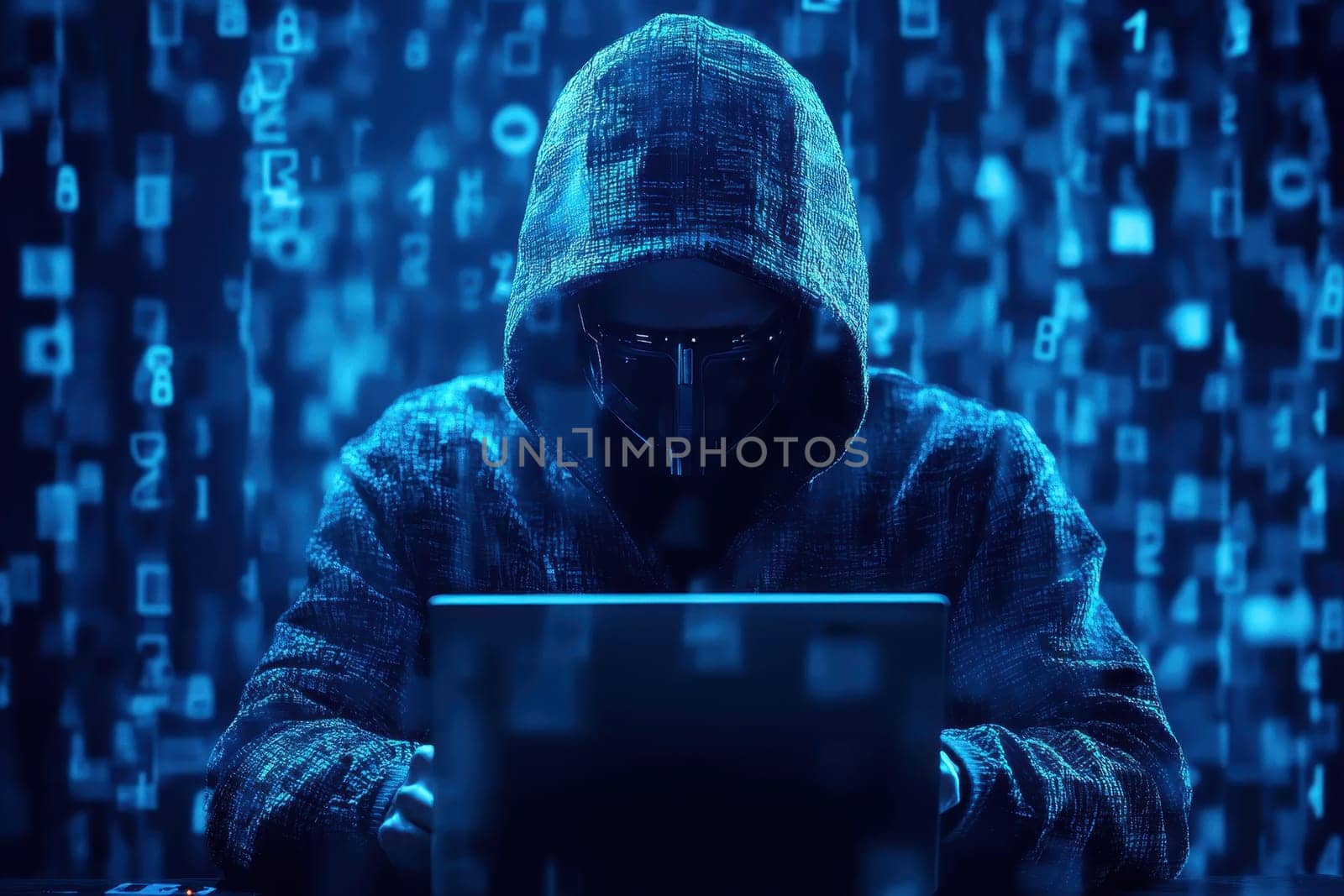 A cybersecurity expert in a hooded sweatshirt analyzes a potential data breach while surrounded by flowing digital code, highlighting the importance of security measures in the digital age.