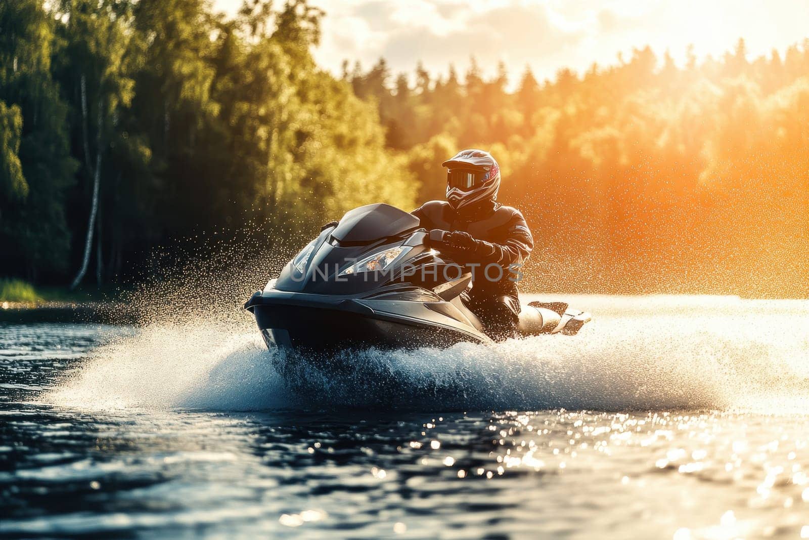 A thrilling scene of a jet ski cutting through the water at high speed, creating splashes against the backdrop of a stunning sunset and lush greenery.