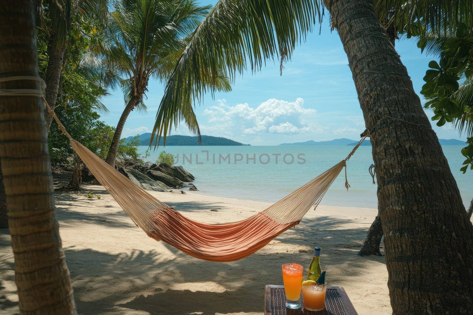 Experience bliss in a hammock strung between palm trees on a pristine beach, with refreshing cocktails waiting nearby. Embrace tranquility and serenity in nature.