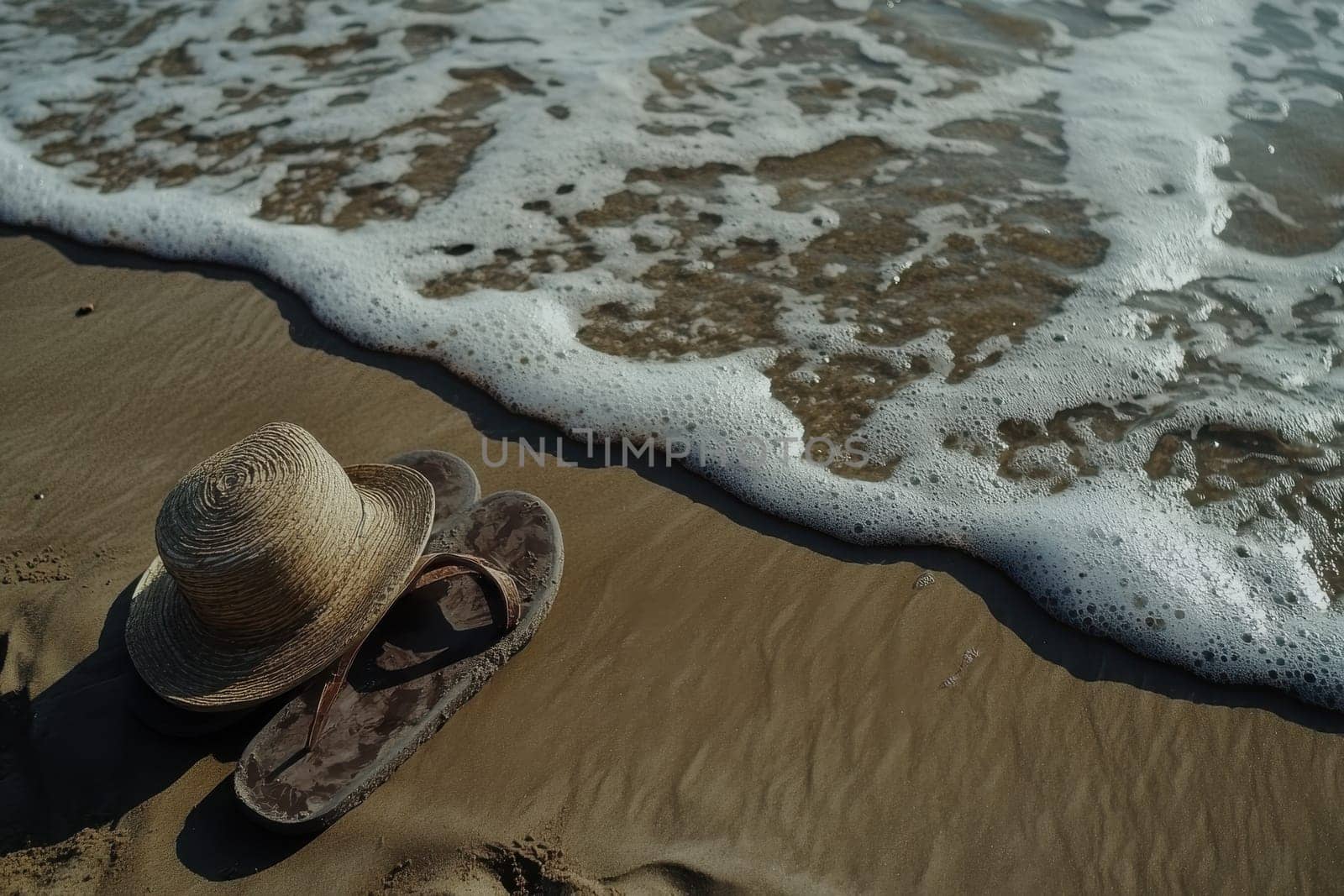 A close-up view capturing a pair of flip flops and a straw sun hat resting on golden sand, with gentle ocean waves lapping nearby, evoking a relaxing beach day.