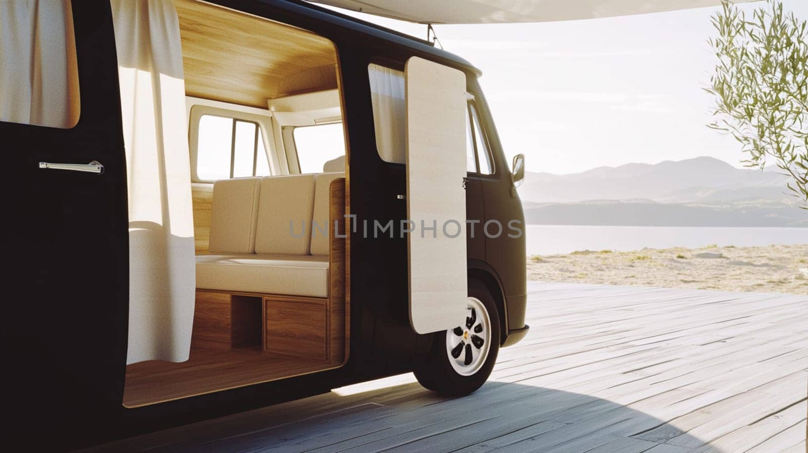 Camper van is parked on a wooden deck, its door open to a serene lake and mountain vista. The van's interior, featuring wood accents and comfortable seating, invites relaxation and adventure
