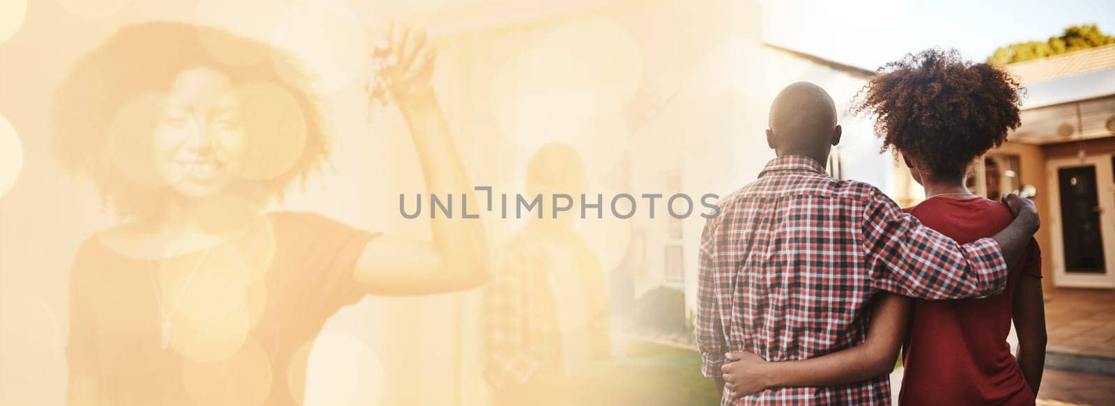 Back, mockup or couple hug in new house for investment in home, property or real estate with vision. Space, bokeh or African man with a black woman in backyard with loan success, goal or security by YuriArcurs