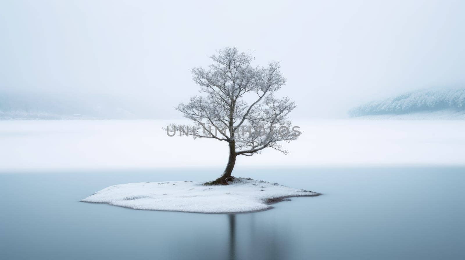 Lone lonely tree in winter snow and lake solitude, minimalist. Generative AI image weber.