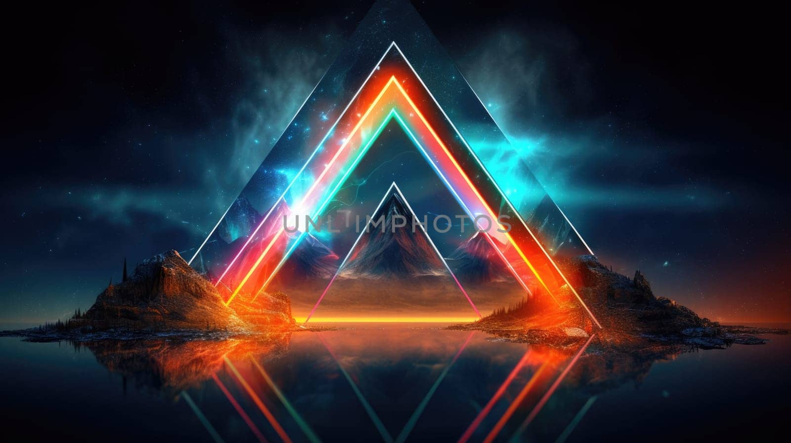 Glowing neon triangle frame over abstract landscape. Generative AI weber. by biancoblue