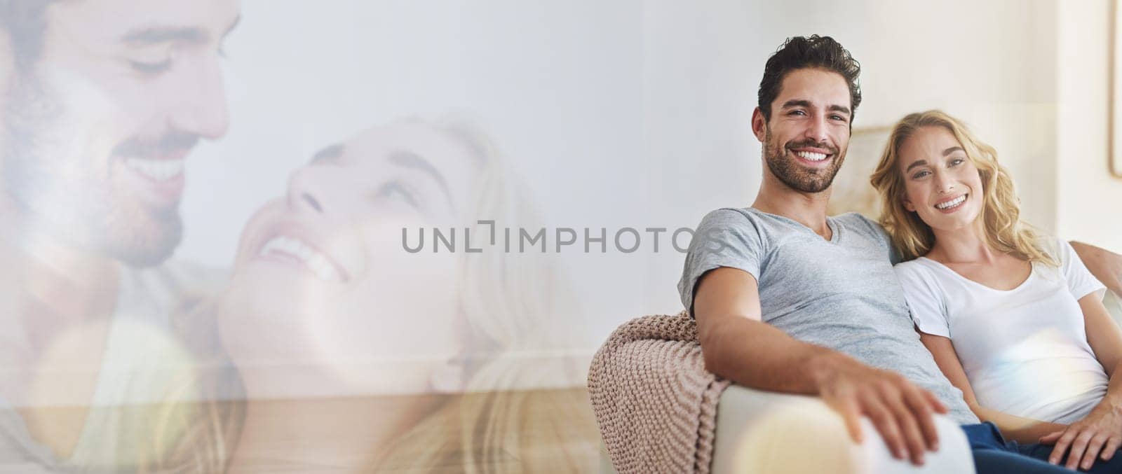 Portrait, love and happy couple relax, care and home bonding, romance or connect together in holiday house. Mockup space, lounge sofa and banner man, woman or marriage people support, smile and trust by YuriArcurs