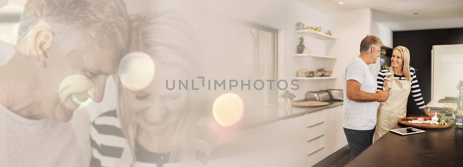 Laughing, double exposure and mature couple in kitchen with cooking, love and mockup space at home. Food, marriage and embrace of happy people together with smile at a house with care and support.