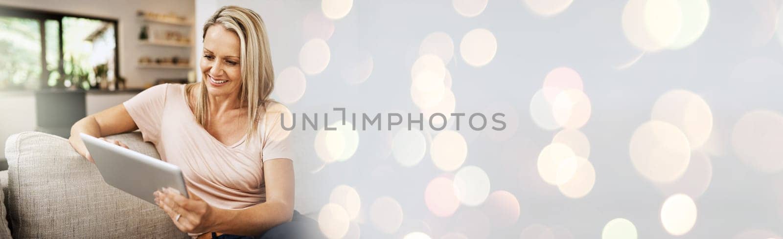 Woman, tablet and alone in living room sofa, home and relax with smile for web, technology and banner. Networking, peaceful and website in house, bokeh and technology to communicate, chat and stream.