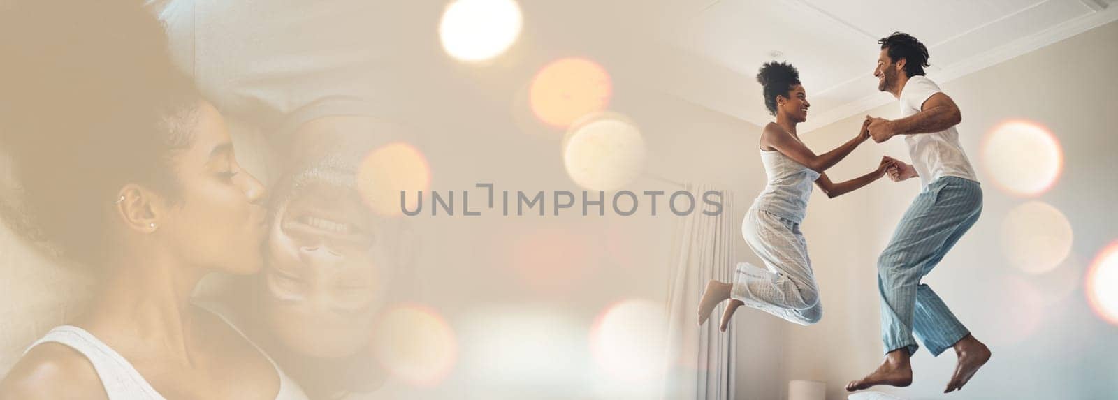 Double exposure, jumping and couple on bed for love and playing together in the morning in a bedroom for happiness. Kiss, care and playful happy man excited with woman in a home with romance.