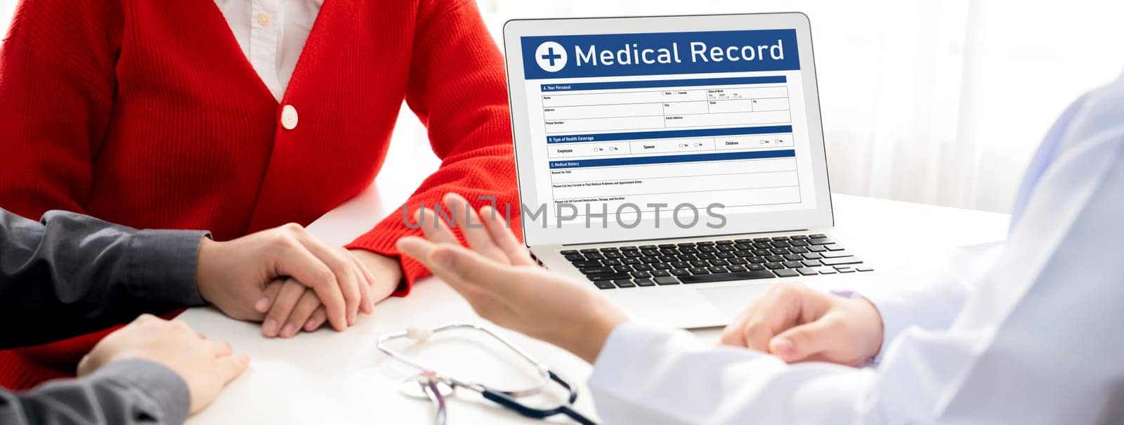 Couple attend fertility or medical consultation with gynecologist at hospital as family planning care for pregnancy. Husband and wife consoling each other through doctor appointment. Panorama Rigid