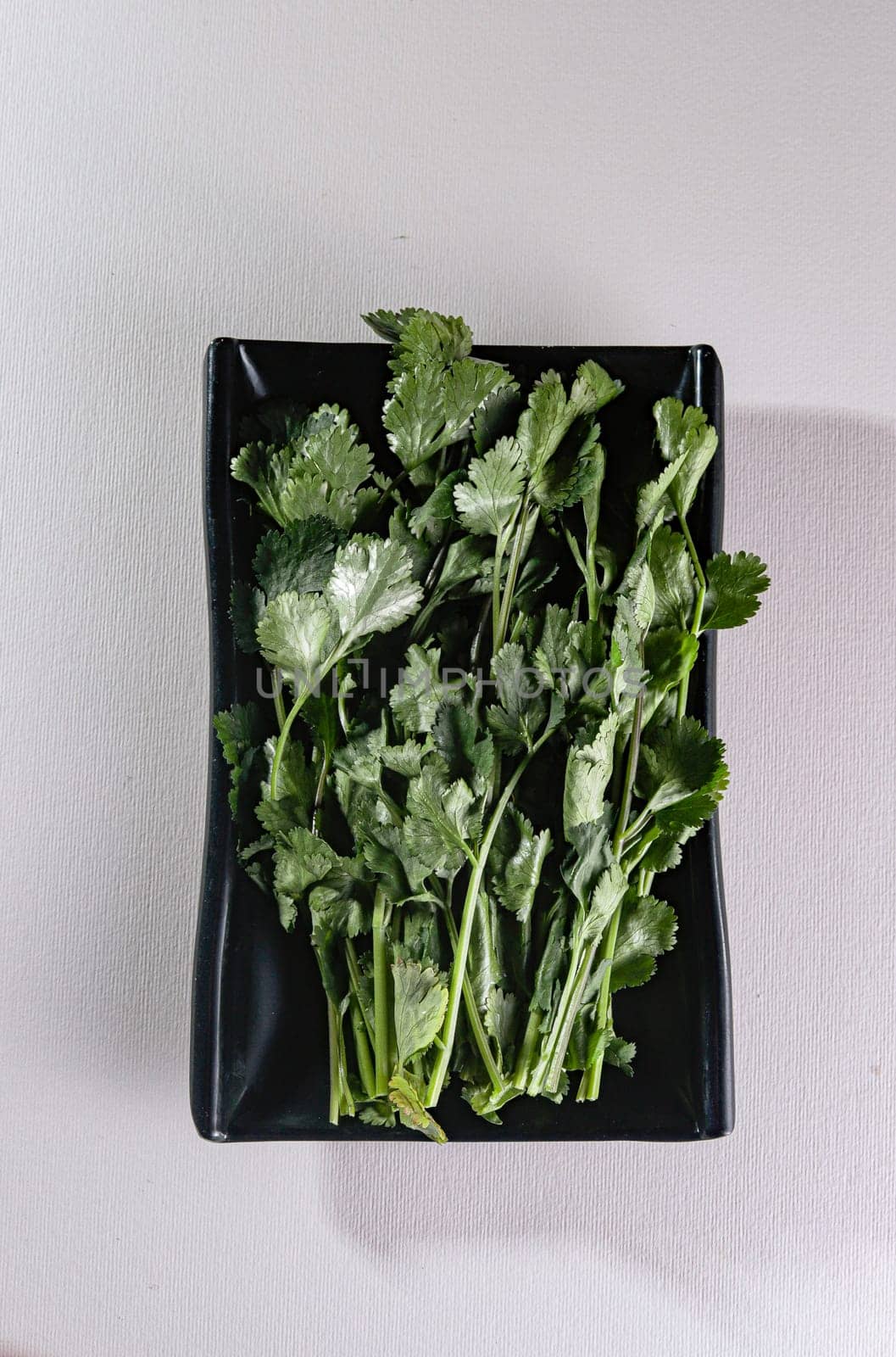 green parsley on a black plate. View from above. Chinese cuisine, ingredient for hotpot by tewolf