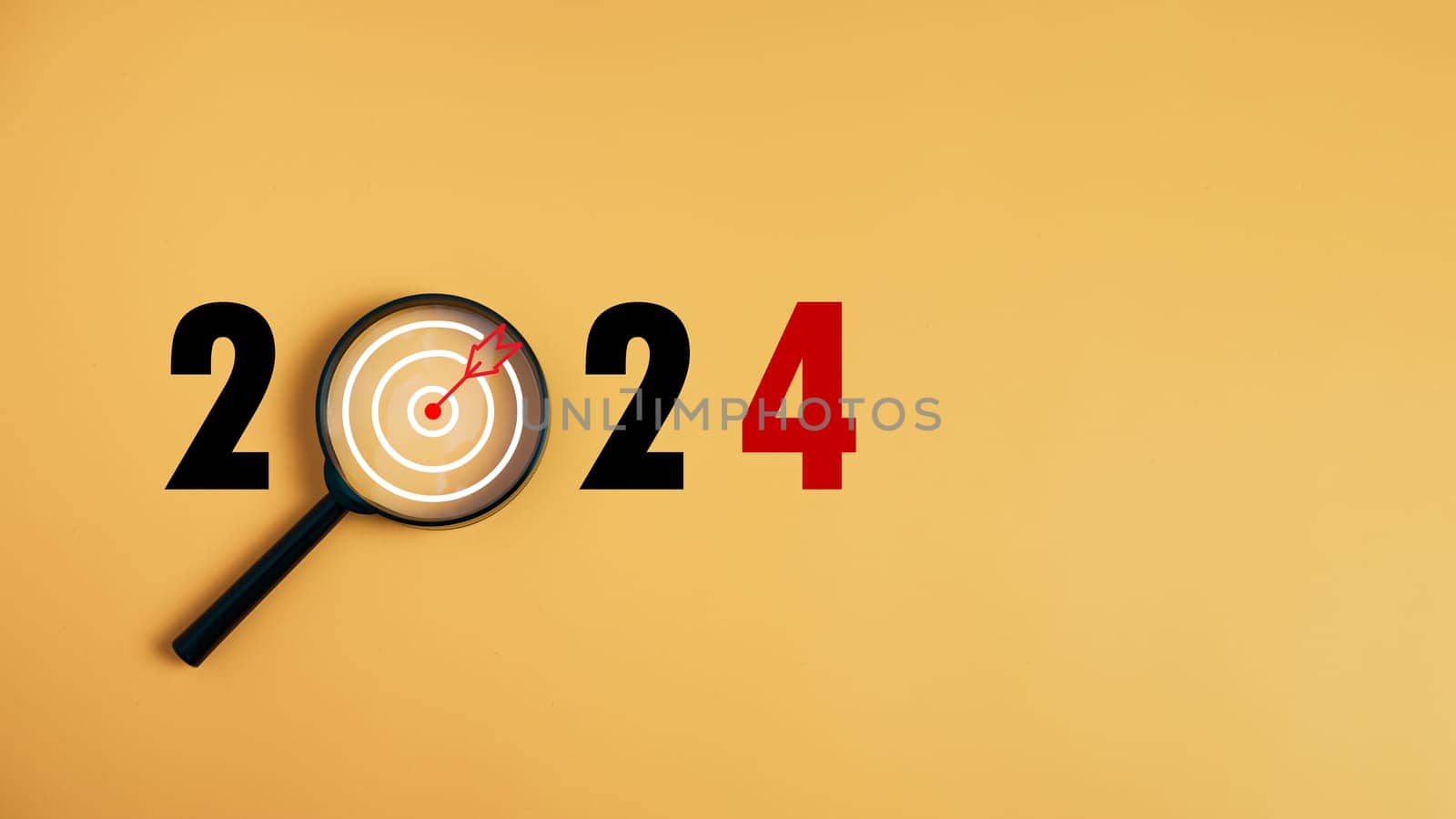 The dartboard icon in a magnifying glass centered on the number 2024 on a yellow background. Represents the goal setting for 2024, the concept of a start. financial planning development strategy business goal setting by Unimages2527