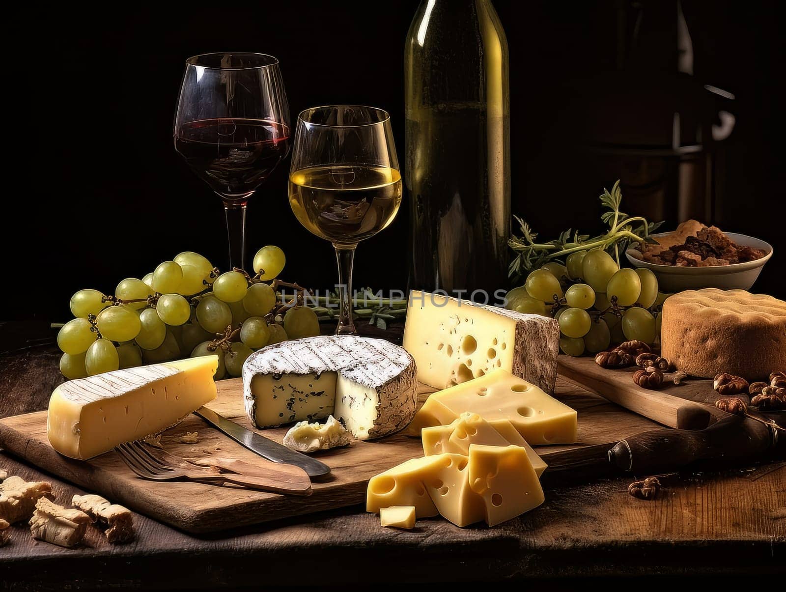 Cheese board with different varieties and glasses of wine. AI by but_photo