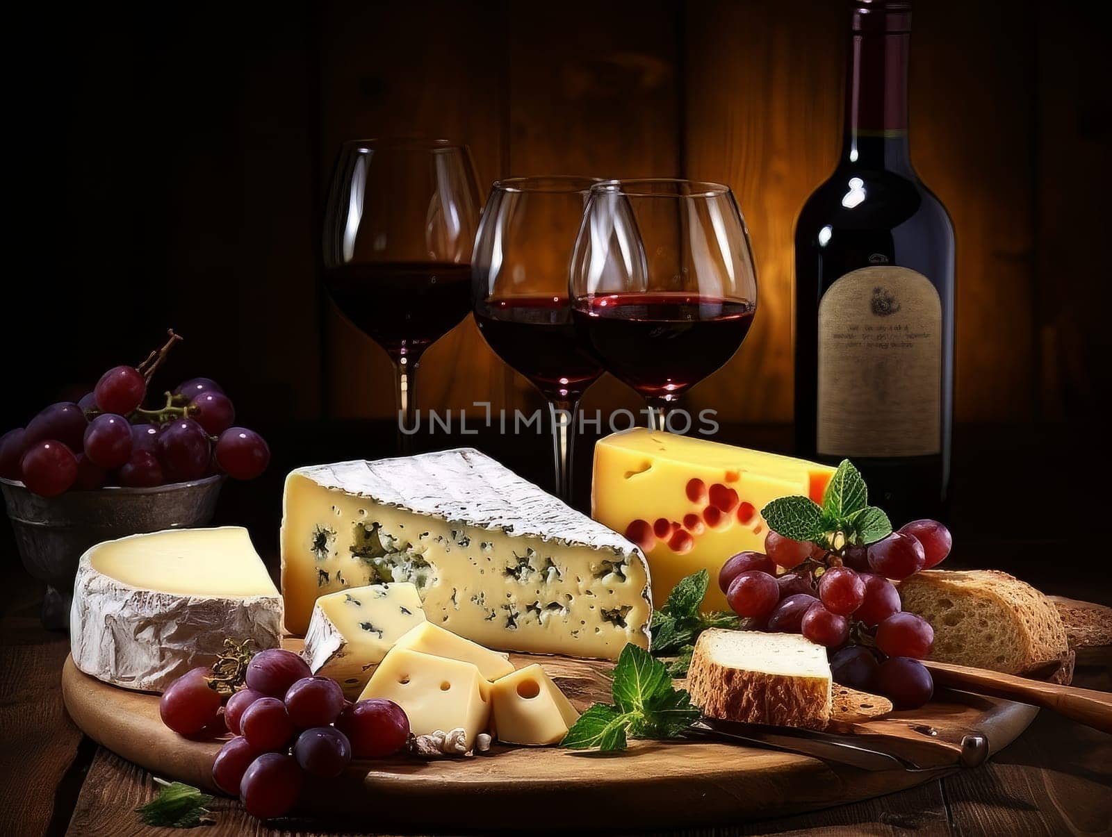 Cheese board with different varieties and three glasses of wine. AI by but_photo