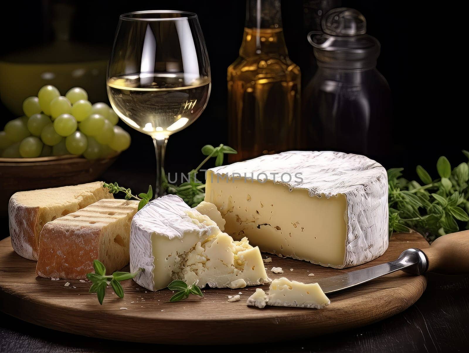 Cheese board with different varieties and glass of white wine. AI by but_photo
