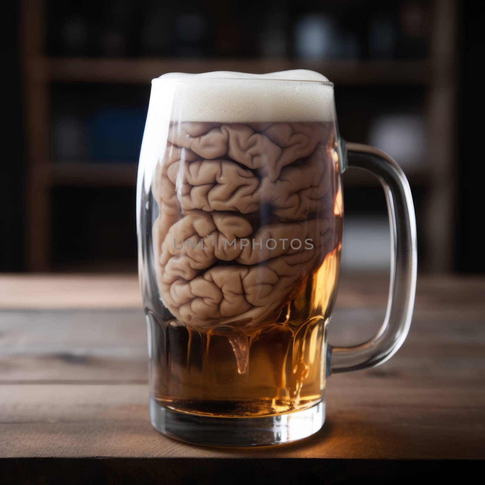 A beer mug with a human brain inside, stands on a wooden table, against the background of a shelf with bottles