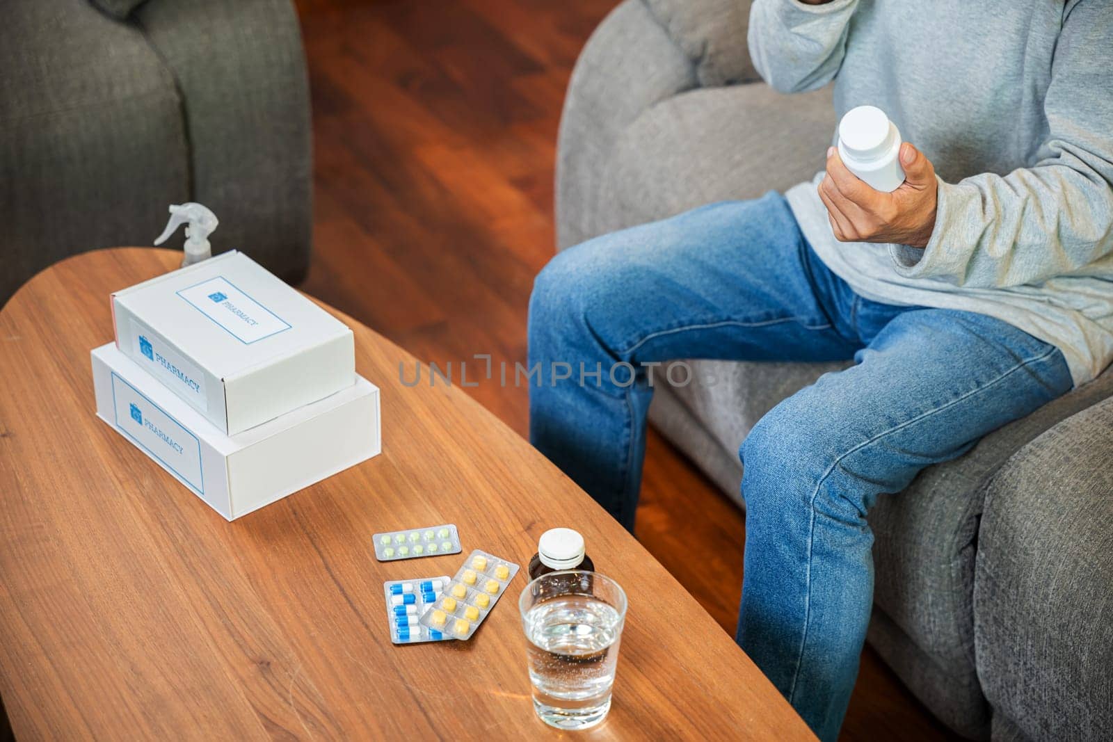 Asian worried senior man with medicine pills he read on see how to take pills before taking, old man buy herbal self cure Rx pill online from pharmacy, home isolation, Medical service concept