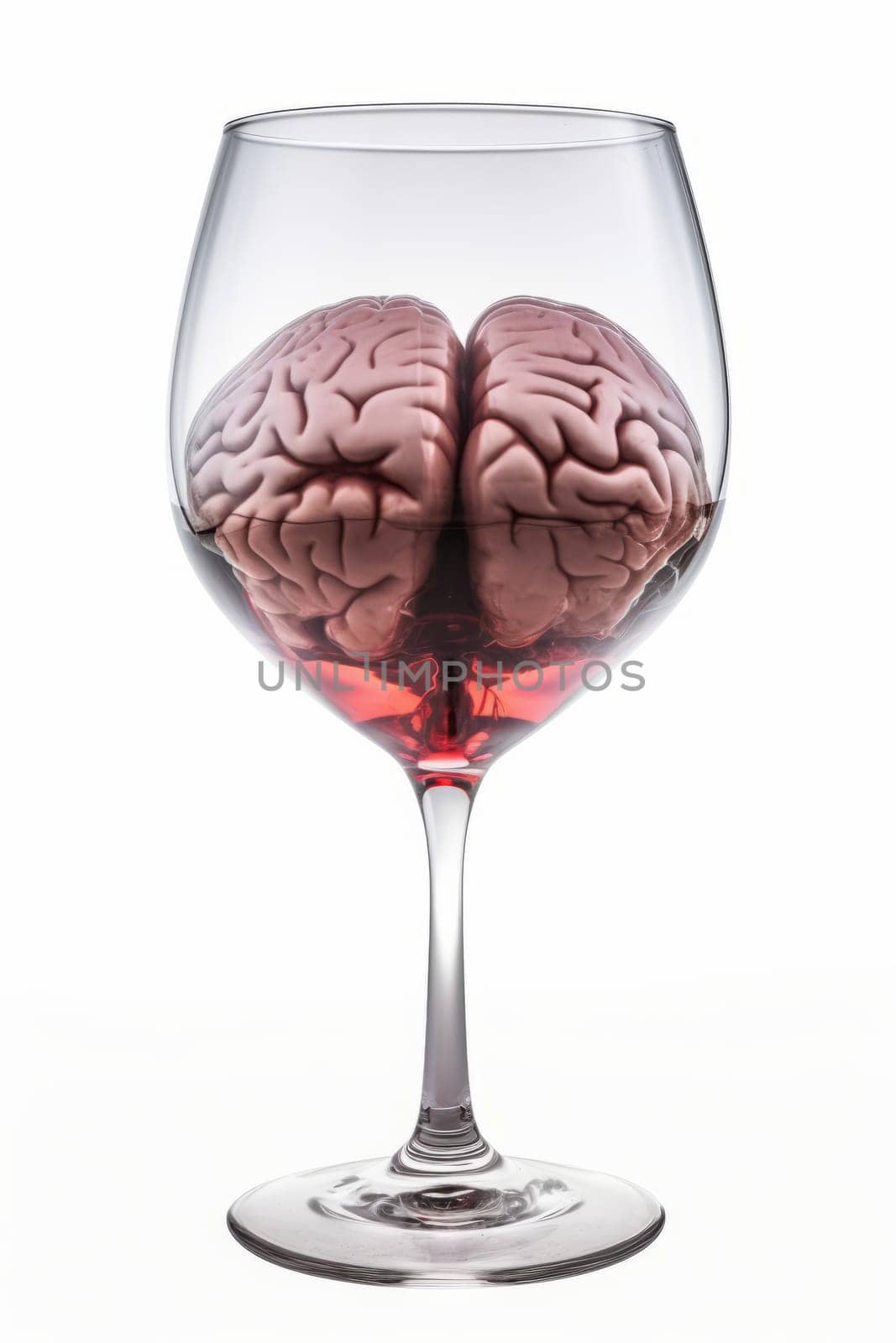 The human brain in a wine glass standing on a white background is isolated.Vertical.